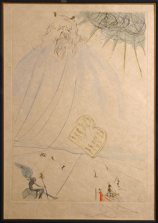Dali, Salvador. Moses: Dali, Salvador. Moses. Color lithograph of Moses holding the Ten Commandments, signed in pencil at lower right and handnumbered "SA / 33/300" at lower left, 25 x 18 in. Matted and framed to an