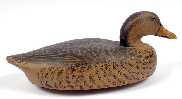 Duck Decoy--Wild Fowler: Duck Decoy--Wild Fowler. Mallard Hen by Wildfowler Decoy Co., Saybrook, Conn., c. 1939. Beautiful early working decoy with original paint. Estimated Value $200 - 300.