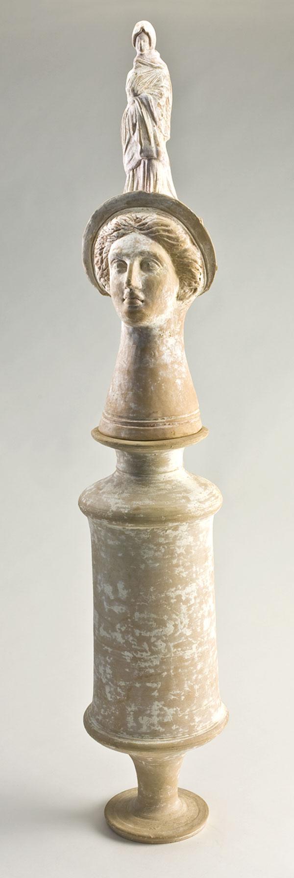 Greek. Southern Italy. Canosan Funerary Figural Va: Greek. Southern Italy. Canosan Funerary Figural Vase Group, ca. 310-280 BC. In three sections, consisting of a lithe female figure, wrapped closely in a hooded cloak worn over a long chiton, surmounti