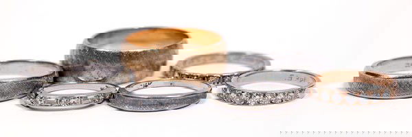 Collection of Platinum, 14K, Diamond Band Rings: Collection of Platinum, 14K, Diamond Band Rings. Including one wide gent's 14k yellow gold band, gross weight 8.60 grams; a matching pair his & her 14k white gold wedding bands, gross weight 6.20