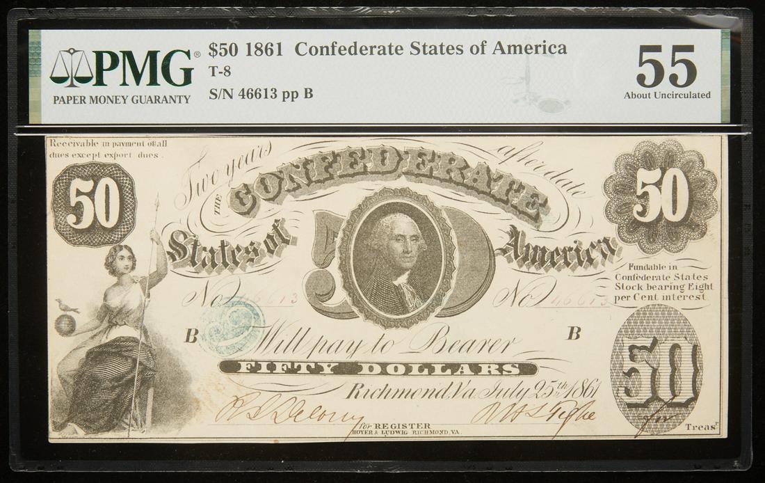 T-8, 1861, PF-2, Cr. 15. PMG 55 About Unc (annontation): T-8, 1861, PF-2, Cr. 15. PMG. Printed on thick bond paper, this high grade example only has a tiny tear at upper left as its sole flaw. Notations on the back of the note mention "B.B. #15" which indic