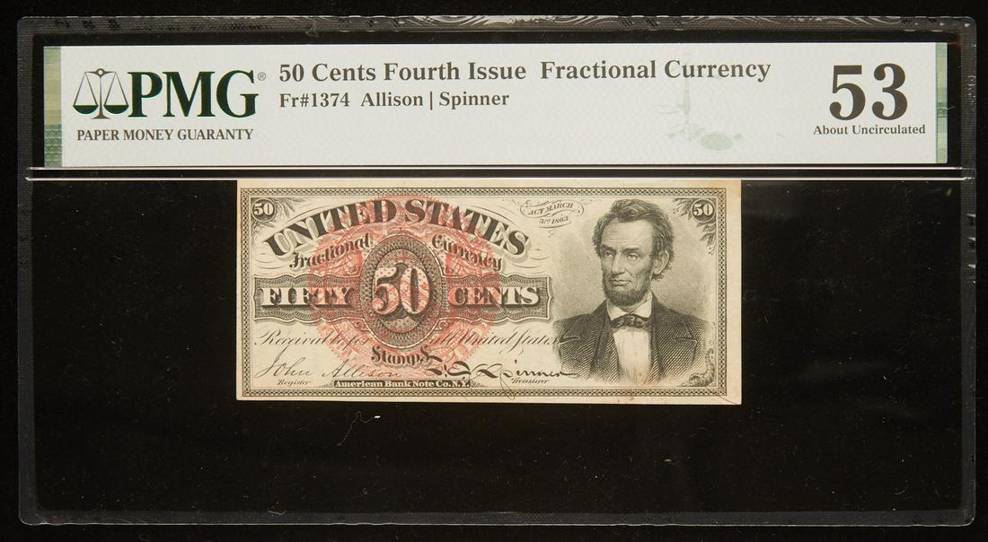 Fr. 1374. Fourth Issue Fractional Currency. PMG: Fr. 1374. Fourth Issue Fractional Currency. PMG. Only close inspection reveals a light fold or two on this otherwise choice Lincoln. Estimated Value $200 - UP