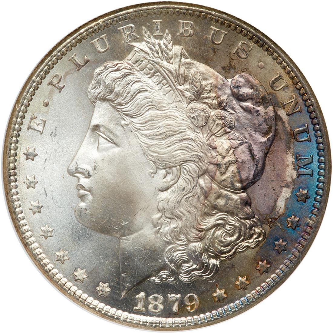 1879-S Morgan Dollar. Reverse of 1879. NGC MS65: 1879-S. Reverse of 1879. NGC graded MS-65. A satiny mint gem with an arc of violet and royal blue tone on the obverse (PCGS # 7092) Estimated Value $100 - UP