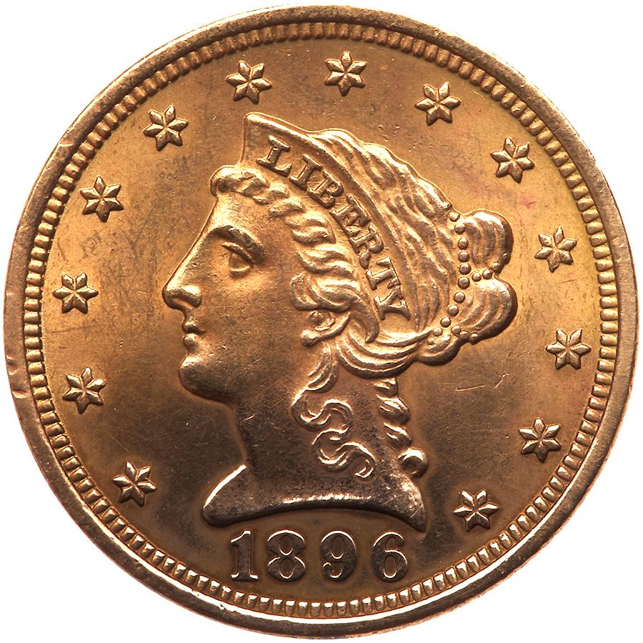 1896 $2.50 Liberty: 1896. Sharpness of AU, however cleaned years ago. Estimated Value $275 - 300