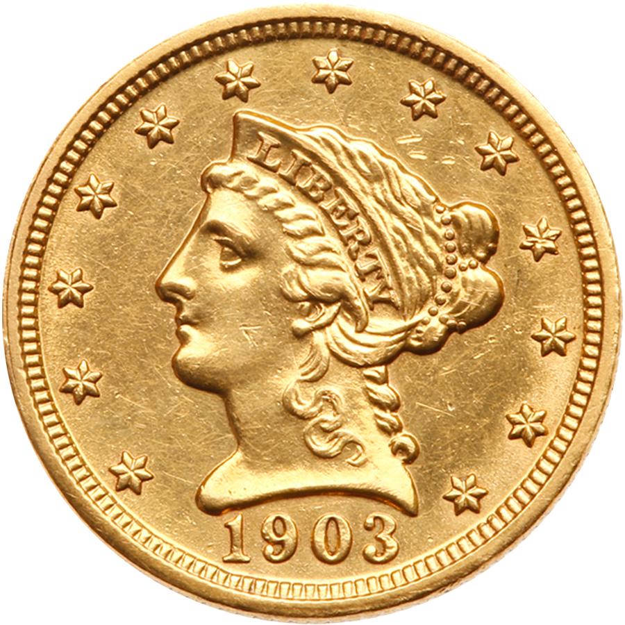 1903 $2.50 Liberty: 1903. Sharpness of AU, Cleaned and Polished. Estimated Value $450 - 475