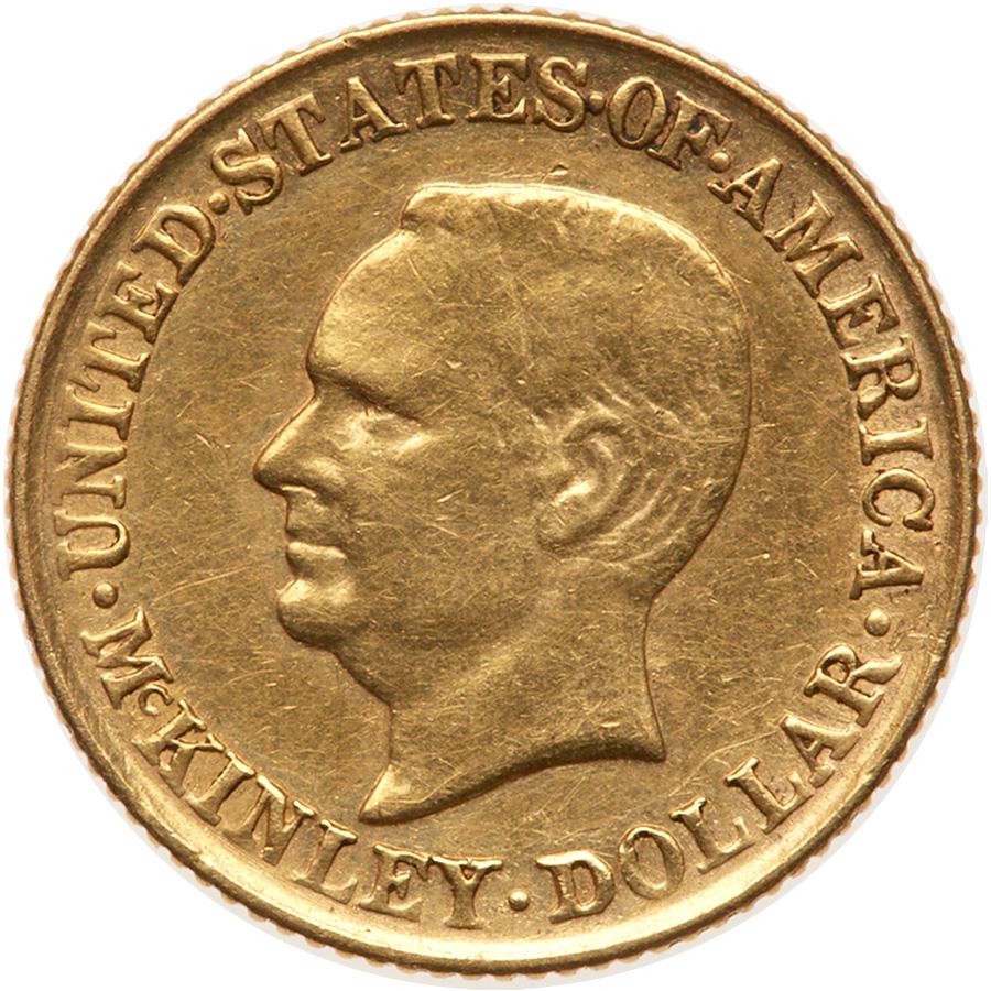 1917 McKinley Gold Dollar. AU50: 1917 McKinley Dollar. AU-50. Only 5000 minted among the lowest mintage of the Classic Commemorative Gold issues. Lightly toned. Estimated Value $350 - UP