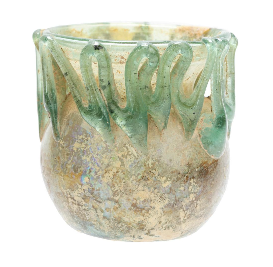Roman Glass; Intriguing Translucent Green Glass Jar with Heavy Blue/Green Glass Zig-Zag Patterned (1 of 1)