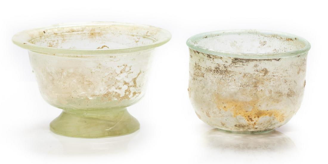 Roman Glass: Two (2) Roman Glass Beakers in Translucent Pale Green Glass ca. 2nd-3rd Century A.D. (1 of 1)