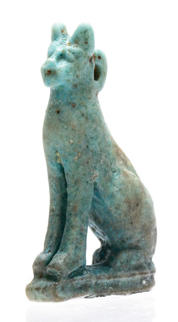 Egyptian Turquoise Faience Amulet of the Cat Goddess Bast Seated ca. 26th Dynasty (1 of 1)