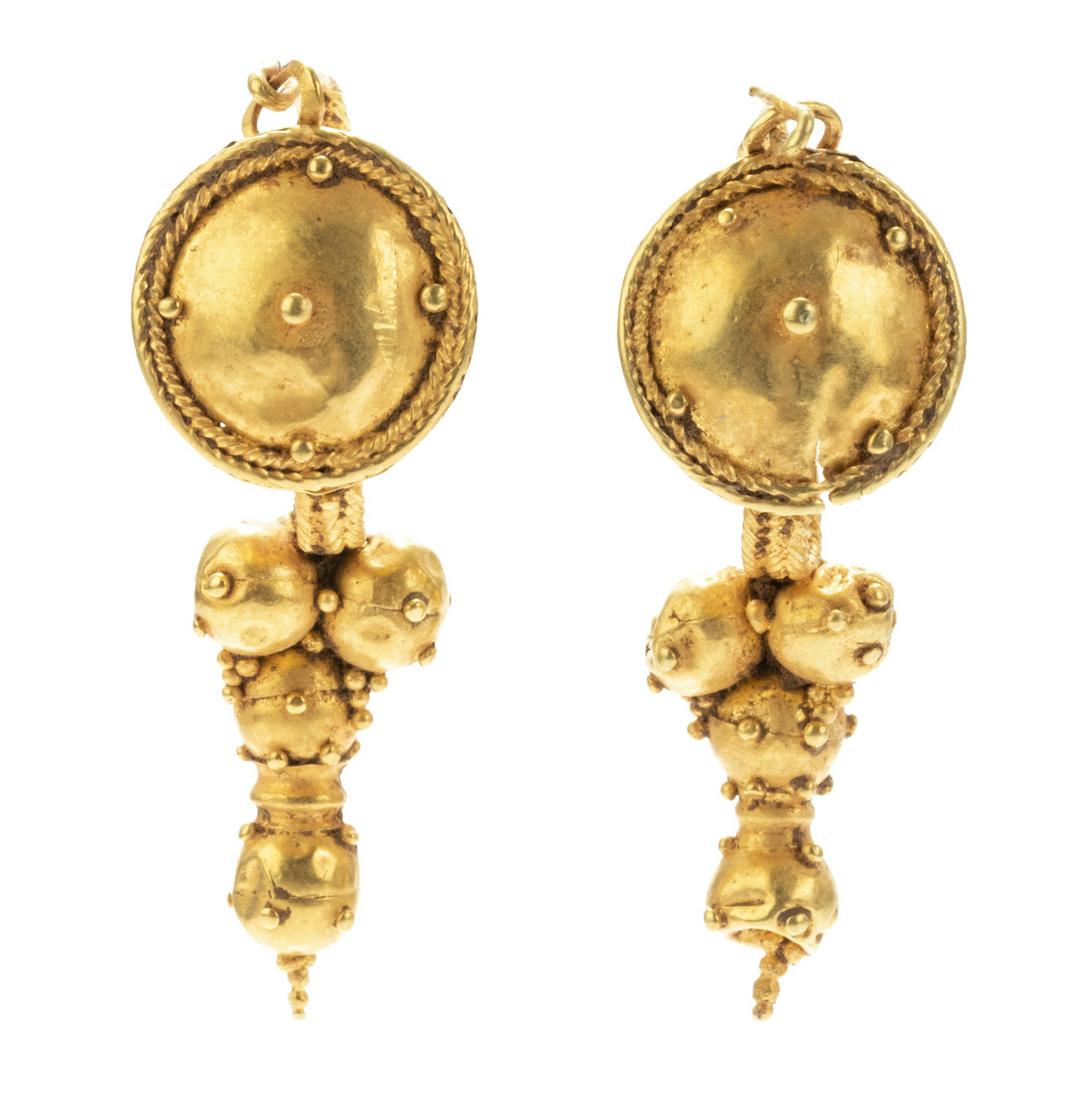 Superb High Karat Earrings, 3rd Century A.D. with Shield and Grape Clusters in Exceptional: Superb High Karat Earrings, 3rd Century A.D. with Shield and Grape Clusters in Exceptional Condition. Dramatic pair of 22K (or higher) gold earrings from the 3rd Century A.D. in remarkable condition.