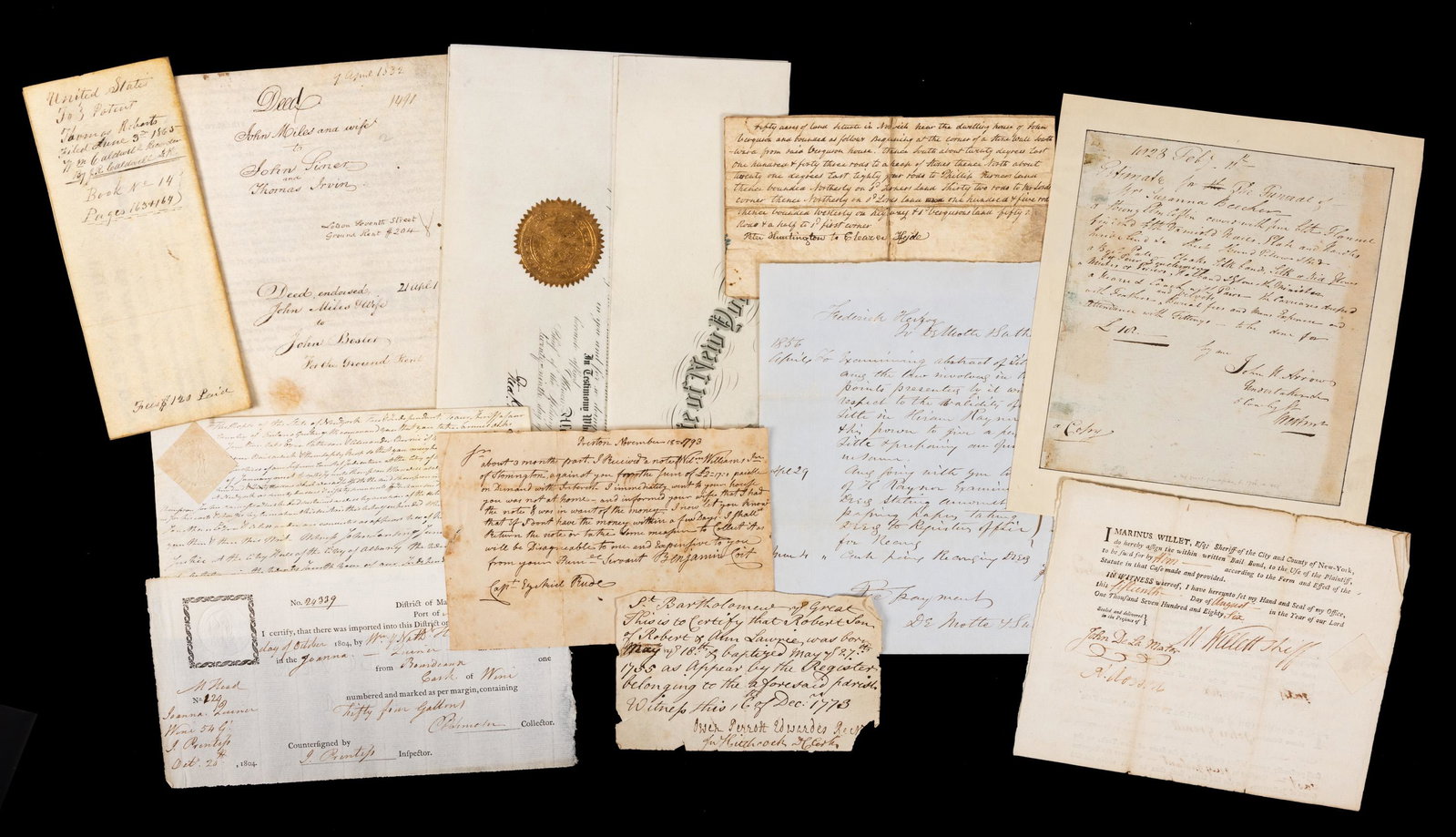 Cache of 50+ Legal Documents, Appointments & Terms of Sale, 17th Century to Early 20th Century.: Cache of 50+ Legal Documents, Appointments & Terms of Sale, 17th Century to Early 20th Century. Wills, Bail Bonds, Fines, Writs & Land Grants. A large and diverse trove of documents, the earliest, an 