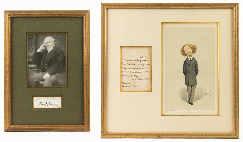 Browning, Robert; Salutation and Signature + Algernon C. Swinburn ALS. Both in Deluxe Presentations.: Browning, Robert; Salutation and Signature + Algernon C. Swinburn ALS. Both in Deluxe Presentations (1812-1889) Robert Browning was an English poet and playwright known for his long poems "Pauline" (1