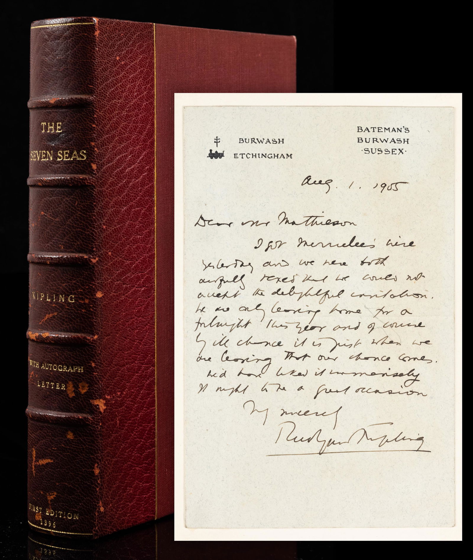 Kipling, Rudyard. "The Seven Seas" 1st Edition, Autograph Letter Signed by Kipling Laid on End Paper (1 of 1)