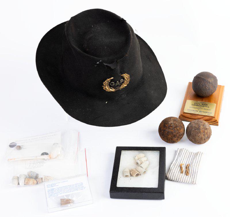 Trove of Civil War Ephemera: Three (3) Cannonballs, Antique G.A.R. Metal Pin on Slouch Hat, and Over (1 of 1)