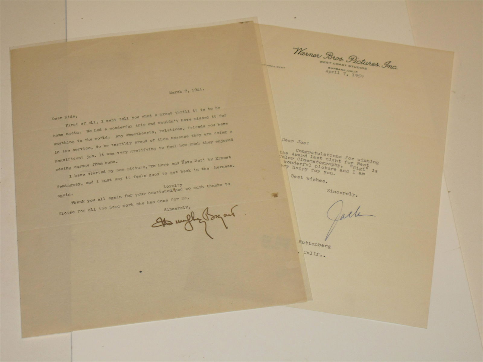 Humphrey Bogart Typed Letter Signed WWII Content, and One From Jack Warner: The Two Titans of Warner: Humphrey Bogart Typed Letter Signed WWII Content, and One From Jack Warner: The Two Titans of Warner Bros. Studios Both Bold Signatures. A Warner Bros. double play in this collection of two typed sign