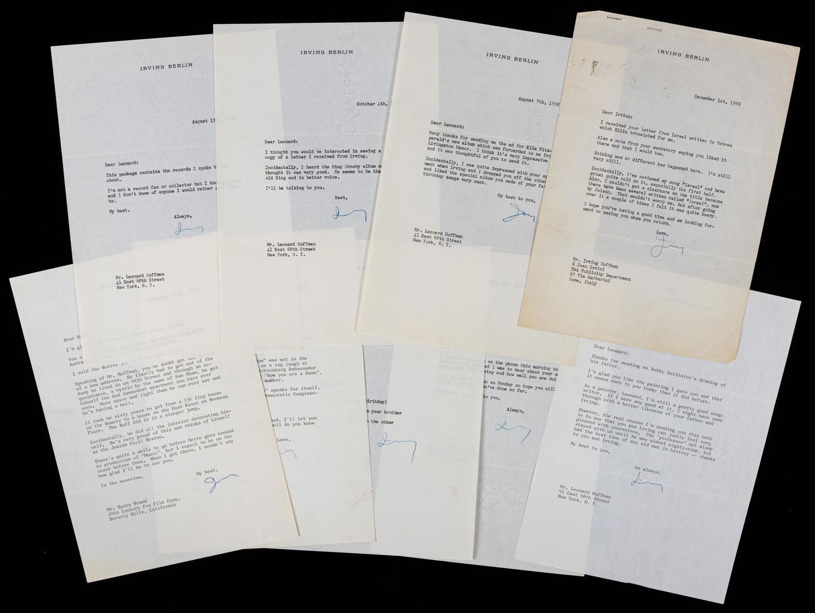 Irving Berlin Collection: Nine (9) Typed Letters Signed 1955-1968 (1 of 1)