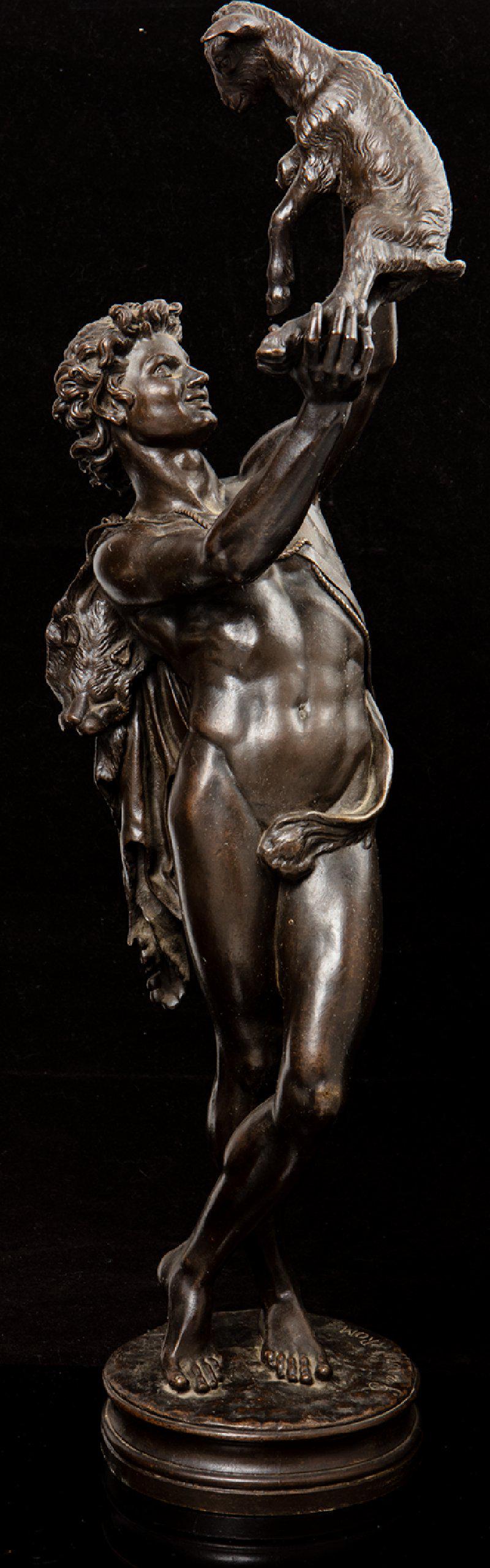 Gumery, Charles. "Fauna Playing with a Kid": Gumery, Charles. "Fauna Playing with a Kid". French (1827-1871) original bronze cast in Rome in 1854 and stands almost 7" tall in the Fabre Museum. Miniatures cast by G. Martin Jimdin (?) in 1868. Bro