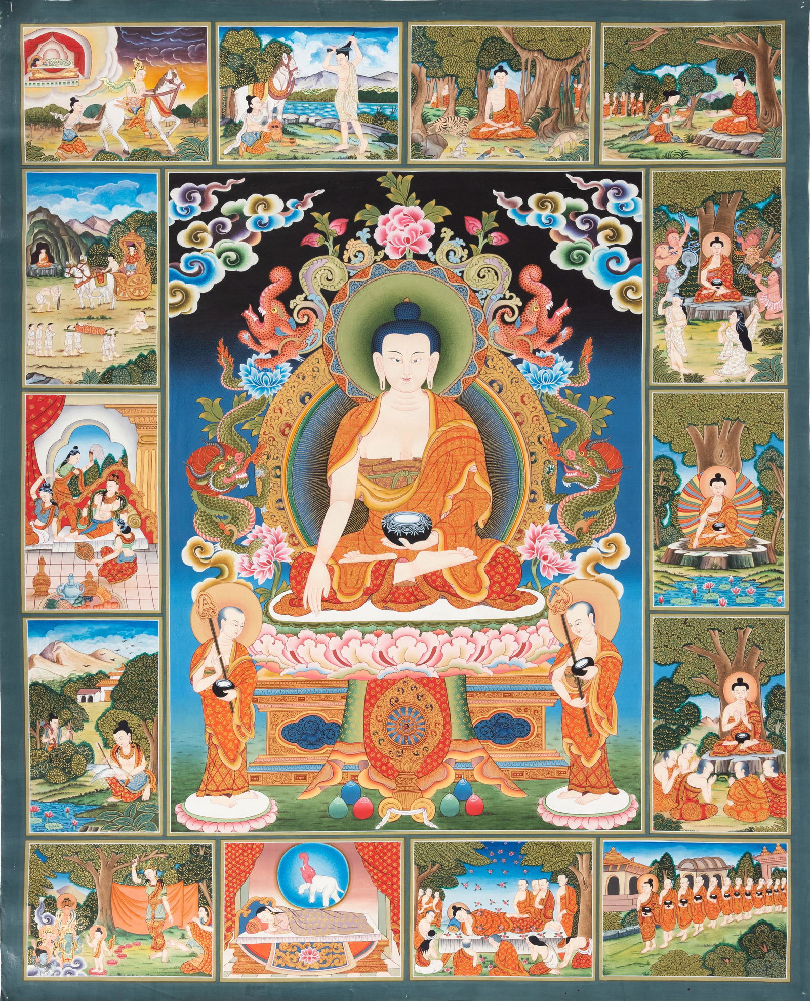 Exceptional Hand Painted Tibetan Thangka Scroll Painting, Lhasa, Tibet, Mid-20th Century, In Colors (1 of 1)