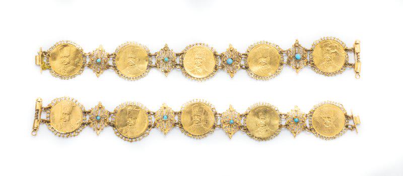 Two (2) Persian Coin Bracelets with Persian Turquoise Accents. Facsimile 1 Toman Coins are 22K, (1 of 1)