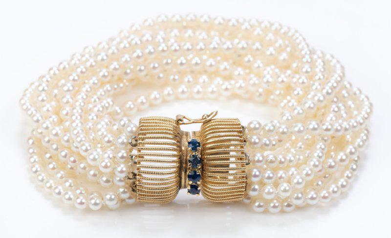 Elegant Multi-Strand Pearl Bracelet with 14K Gold Ends that Form Into an Hourglass-Shaped Clasp (1 of 1)