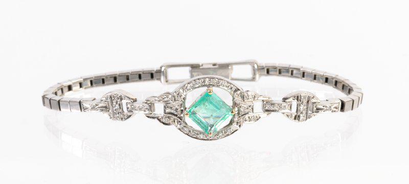 Lady's Square Cut Emerald and Diamond Deco Styled Bracelet (1 of 1)