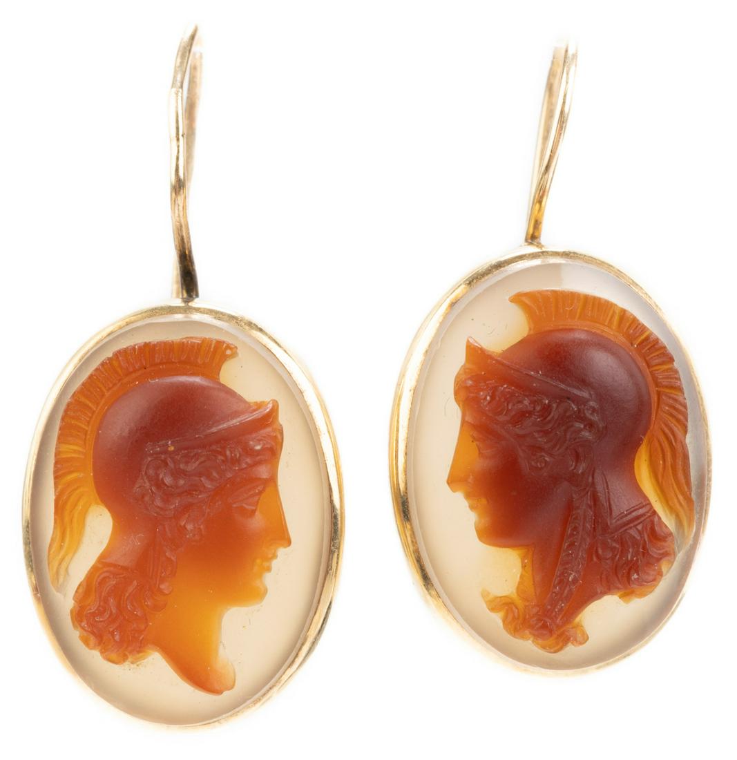 Superb Pair of Chalcedony Cameo Earrings in 14K Yellow Gold. One of Athena Facing Left, Zeus to the (1 of 1)