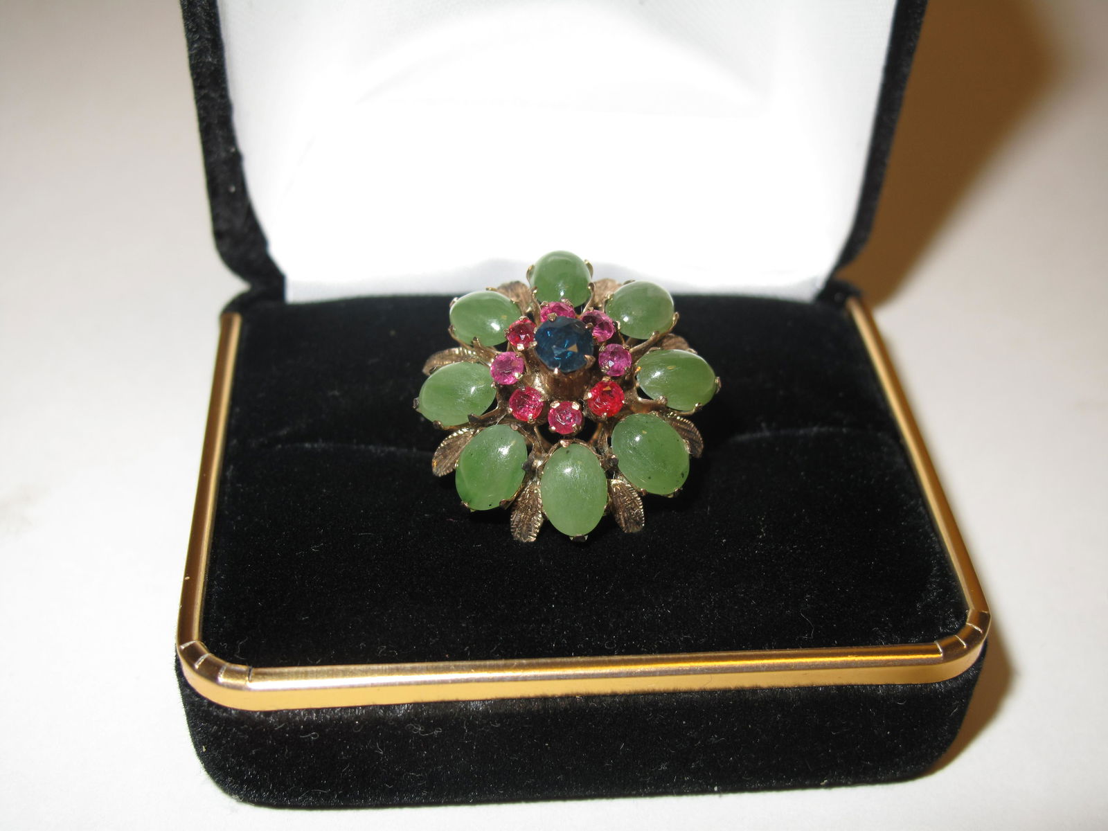 Lady's Vintage 18K Yellow Gold Floral Ring of Jade, Rubies and a Fine Sapphire (1 of 1)