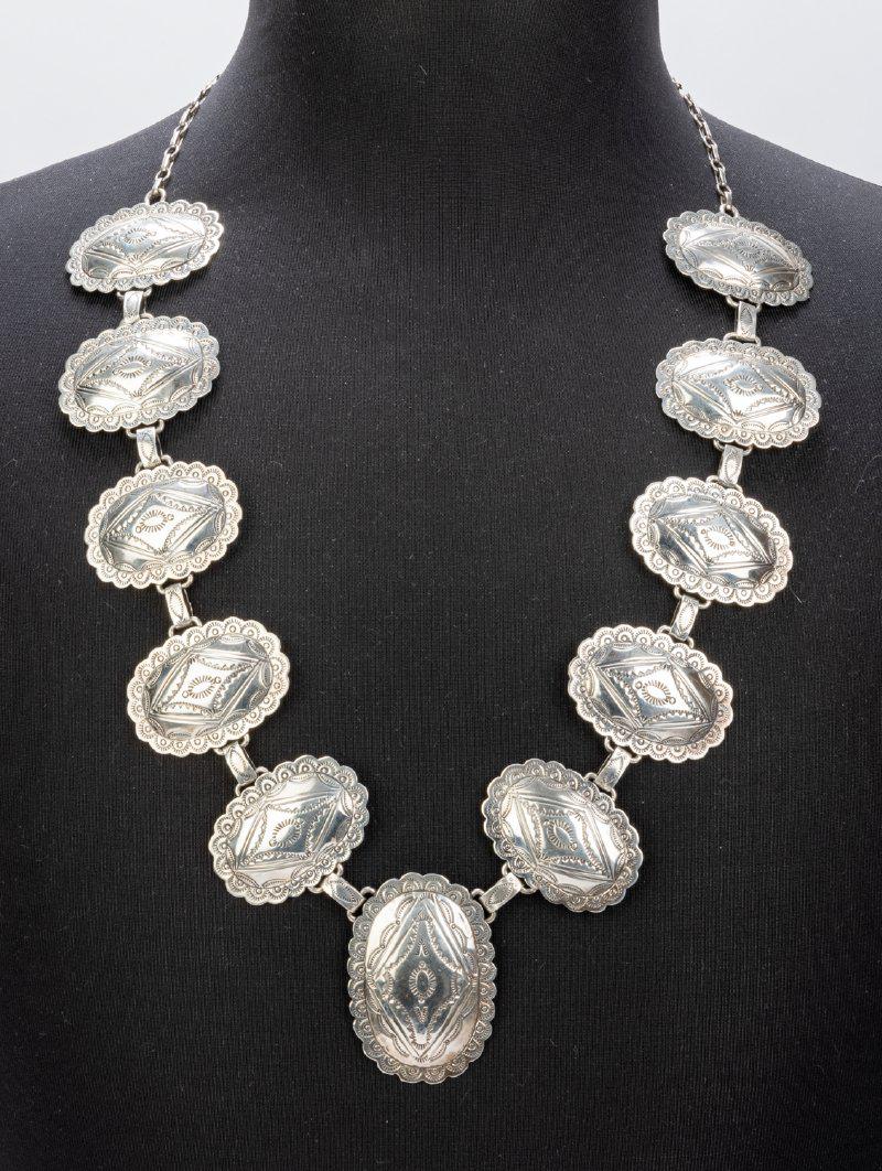 Superb Vintage Sterling Silver Concho Necklace by Acclaimed Navajo Silversmith Tony Guerro Very: Superb Vintage Sterling Silver Concho Necklace by Acclaimed Navajo Silversmith Tony Guerro Very Scarce. Superb and striking sterling silver concho necklace by award winning Navajo silversmith Tony Gue