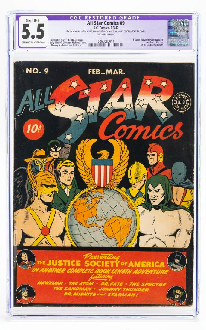 All Star Comics No.9 D.C. Comics 1942 CGC restored 5.5 off-white to white pages. (1 of 1)