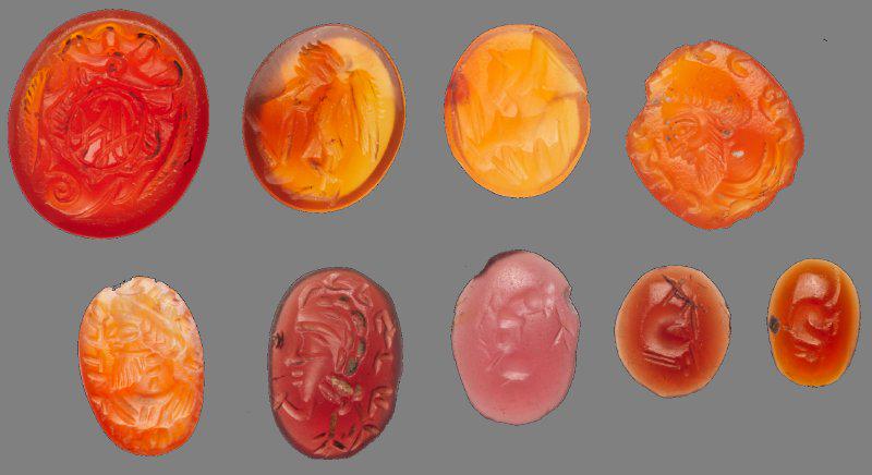 A 9-Piece Vivid Lot of Sasanian Period Mix Agate Stamp Seal Intaglios, 6th-9th Century A.D. (1 of 1)