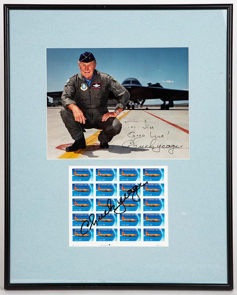 Chuck Yeager: Fantastic Photo and Commemorative Stamp Block Presentation, Two Autographs (1 of 1)