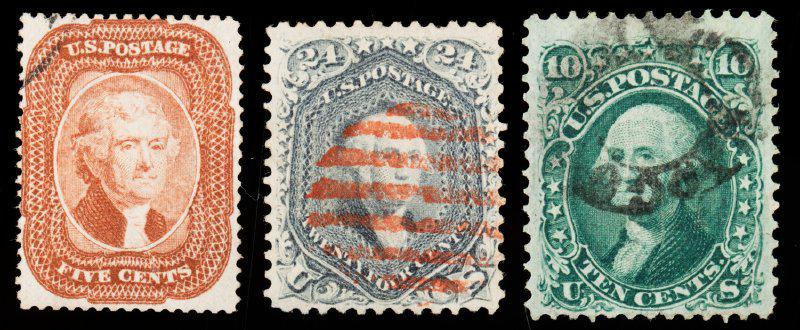 1858//68 Group Of 3 Better Used Stamps: 1858//68 Group Of 3 Better Used Stamps. Three very nice appearing and attractive atamps with fresh bright colors, however according to the accompanying PSE certificates even though they are genuine in