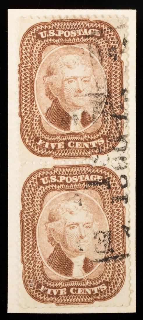 1859, 5â€º brown, type I Used Pair: o 5¢ brown, type I Used Pair. Attractive vertical pair hinged to piece with 2022 PSE certificate states "reperforated at right". Scott No. 29. Estimated Value $150-UP.