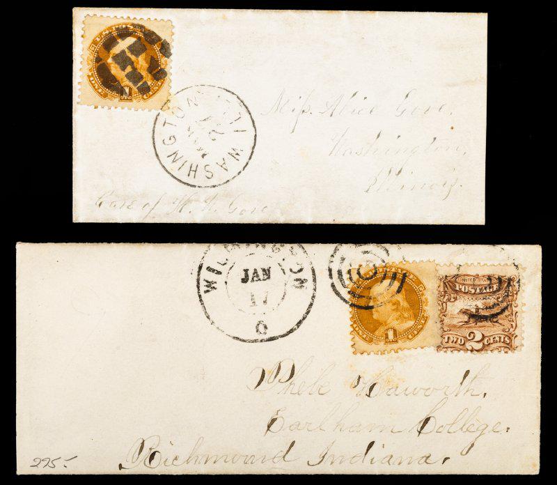 1869 1â€º & 2â€º Pictorials on Two Covers Incl. Combination: * 1869 1¢ & 2¢ Pictorials on Two Covers Incl. Combination. Attractive group of 2 small covers, one with 1¢ single with Washington. IL postmark plus another with both 1¢ & 2¢ o