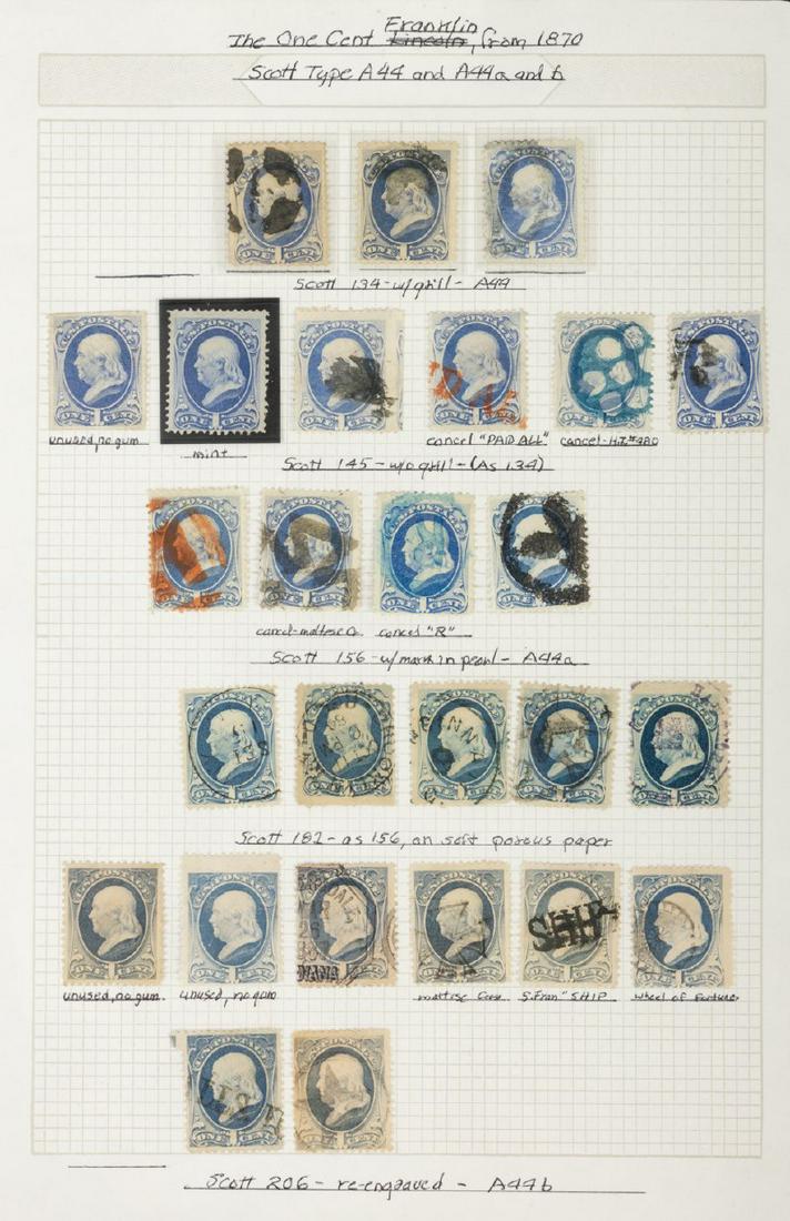 1870-81 1â€º Franklin Mint & Used Collection: */o 1870-81 1¢ Franklin Mint & Used Collection. Nice appearing group of 26 stamps including #'s 134 (3 used), 145 (2 mint, one unused and one regummed plus 4 used), and a range of used #'s 156, 1