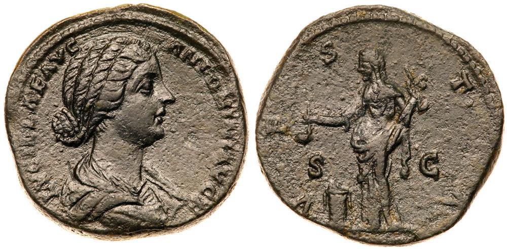 Lucilla. Ã† Sestertius (24.80 g), Augusta, AD 164-182. VF: Lucilla. Æ Sestertius (24.80 g), Augusta, AD 164-182. Rome, AD 164-166. LVCILLA AVG ANTONINI AVG F, draped bust of Lucilla right. Reverse: VESTA around, S C across field, Vesta, veiled, standing
