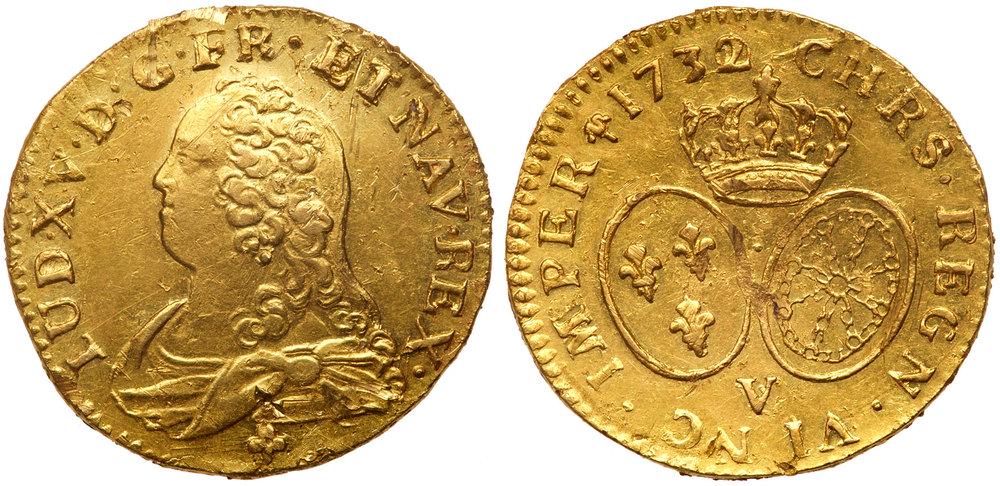 France. Louis d'or aux lunettes, 1732/0-V (Troyes). AU: France. Louis d'or aux lunettes, 1732/0-V (Troyes). Fr-461; Gad-340; KM-489.21. Louis XV. Mintage 8,735. About Uncirculated Detail (Scratch). Estimated Value $600 - 700