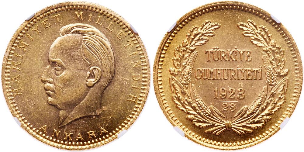 Turkey. 500 Kurush, 1923/23 (1946). NGC MS60: Turkey. 500 Kurush, 1923/23 (1946). Fr-99; KM-858. Weight 1.0637 ounce. Ismet Inonu. Mintage 9,006 struck. Scarce four year type. NGC graded MS-60. Estimated Value $2,000 - 2,200