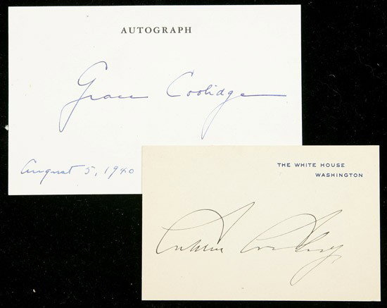 Coolidge, Calvin and Grace: Coolidge, Calvin and Grace. Card engraved "The White House / Washington" Signed as President, 2¾ x 4¼ in. with a card engraved "Autograph" and Signed "Grace Coolidge 