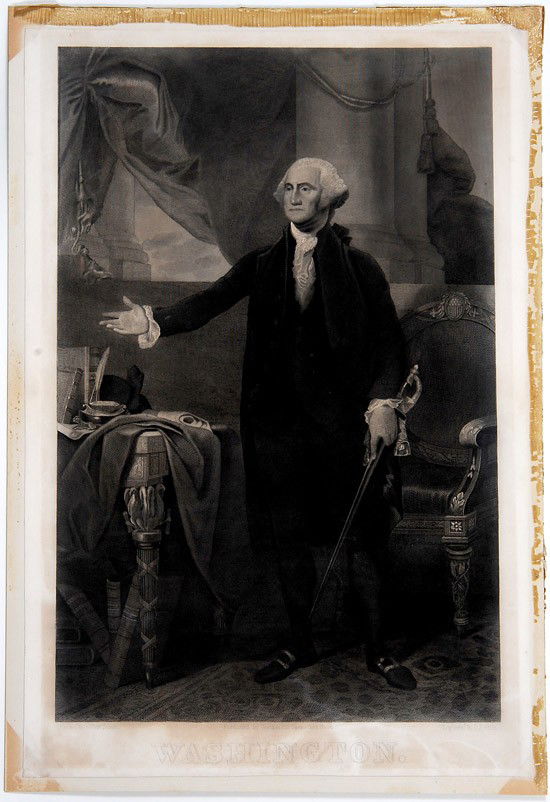 [Washington, George]: [Washington, George]. Washington Engraving by O. Pelton, c. 1850s. Image: 20 x 13 in.; with borders: 22 x 15 in. Engraved by O. Pelton after a painting by Gilbert Stuart. published by Gurdon [sic] Bil