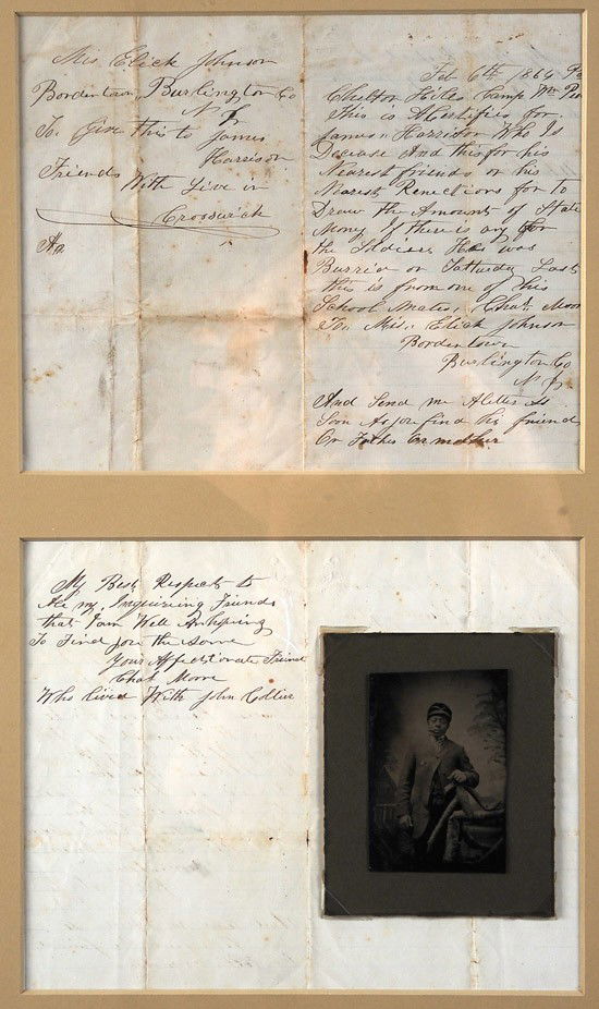 [Letter Re Death of a Black Civil War Soldier - Wi: [Letter Re Death of a Black Civil War Soldier - With Tintype. A poignant letter written Feb. 6, 1864 from Camp William Penn, Chilton Hills (PA) by black soldier Charles Moore reporting the dea