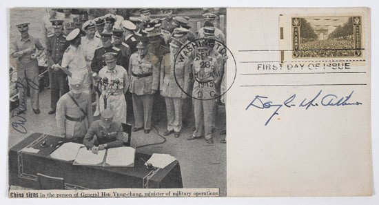 MacArthur, Douglas & Chester Nimitz: MacArthur, Douglas & Chester Nimitz. First Day Cover Signed, "Douglas MacArthur" and "C W Nimitz," with a 3-cent stamp honoring Army servicemen and cancelled in Washington, D.C. on the