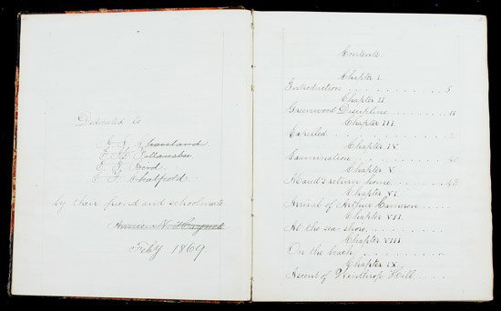 1869 Manuscript Novel by A 15-Year-Old Girl: 1869 Manuscript Novel by A 15-Year-Old Girl. Written by Annie N. Haynes of Dedham, Mass., in the fall and winter of 1868 (as attested by her father W. F. Haynes following the final page of the sto