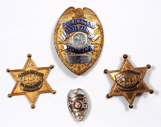 Police And Sheriff Badges - Lot of Four: Police And Sheriff Badges - Lot of Four. 1. Santa Paula Police badge (shield), gold and silver plated, 3¼"x2 1/8". Very good condition; 2. San Bernadino County Sheriff's bad