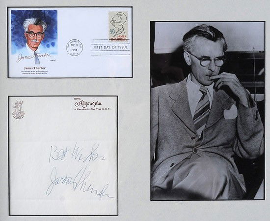 Thurber, James: Thurber, James (1894-1961) American writer, cartoonist and wit. Sheet of Hotel Algonquin letterhead Signed "Best Wishes / James Thurber" in blue ballpoint, n.p., n.d. Matted with an im
