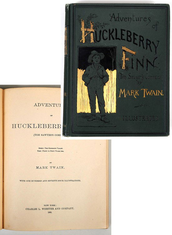 [Twain, Mark]: [Twain, Mark]. First edition of Adventures of Huckleberry Finn. New York: Charles L. Webster, 1885. No jacket. 8vo. Bound in original publisher's gilt-stamped green cloth. Page 9: "Decided"