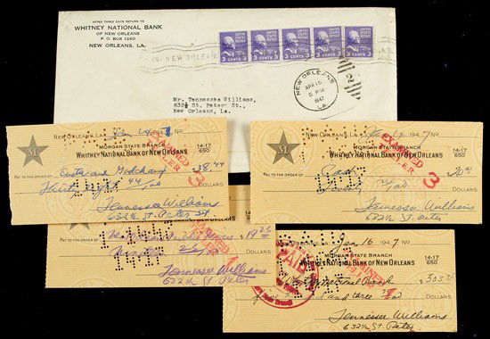 Williams, Tennessee: Williams, Tennessee. Four checks signed and filled out by Tennessee Williams, all four with his address in New Orleans, 632½ St. Peter, dated from Jan. 113 through July 14, 1947. All drawn on t
