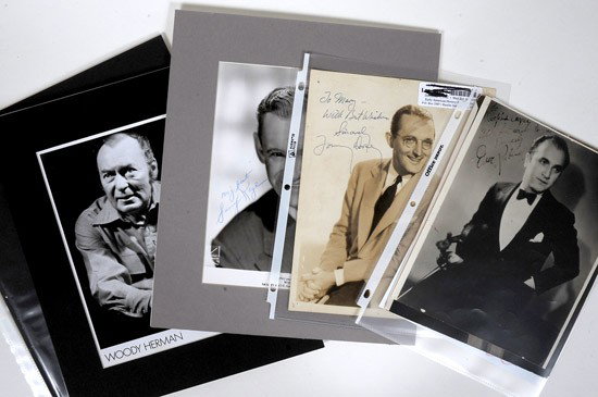 Bandleaders, Songwriters, Singers: Bandleaders, Songwriters, Singers. Group of nine photos signed (and most inscribed), most approximately 10 x 8 in. and some are matted: Harry James (6 x 4½ in.), Tommy Dorsey, W