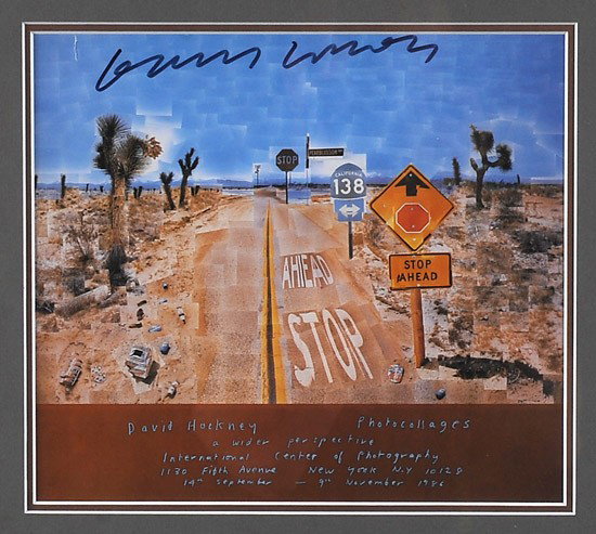 Hockney, David. Pearblossom Highway: Hockney, David. Pearblossom Highway. Handsigned poster, 9½ x 10¾ inches, advertising the first large-scale exhibition of Hockney's works in New York and featuring Hockney's Pearb