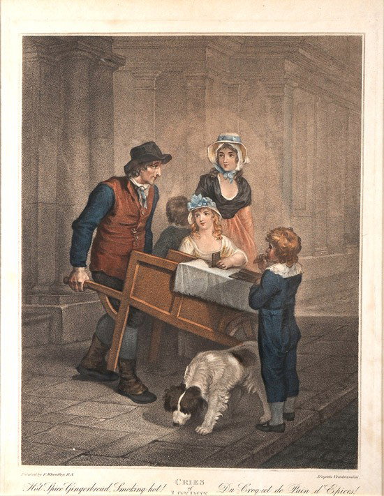 Wheatley, Francis. Hot Spice Gingerbread, Smoking : Wheatley, Francis. Hot Spice Gingerbread, Smoking Hot! Du Croquet de Pain d'Epices! Stipple engraving, 16 x 12½" (sight); matted and framed to 23½ x 19½ in. Plate 